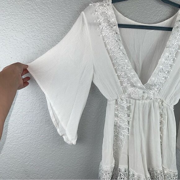 Womens Stretch Deep V-Neck 3/4 Sleeve Lace Trim Romper White Medium - Picture 7 of 7